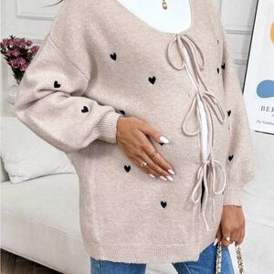 Chic Beige Cardigan with Heart Accents - Maternity